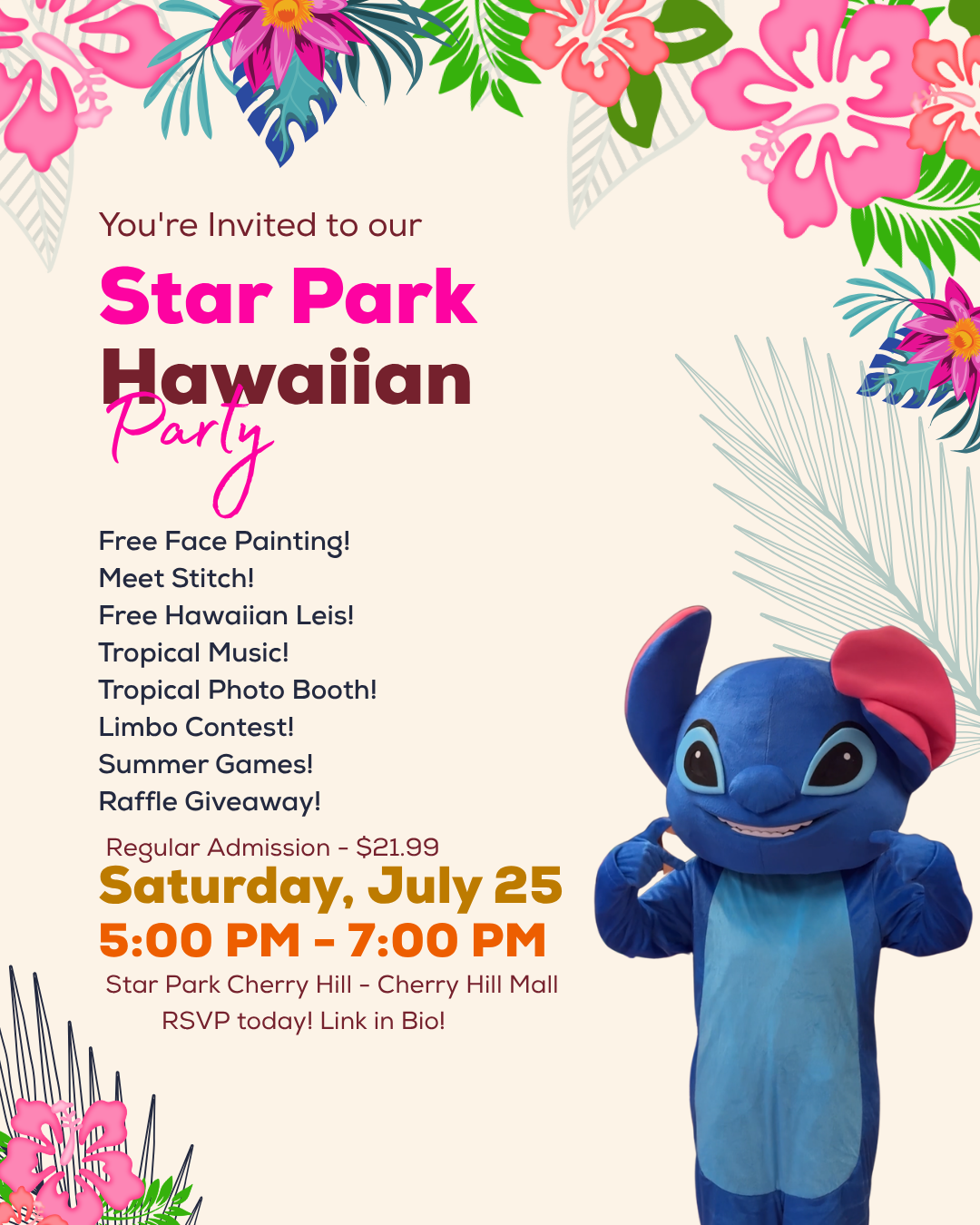 Star Park Hawaiian Party — Saturday, July 25, 5:00 PM to 7:00 PM at Star Park Cherry Hill Mall