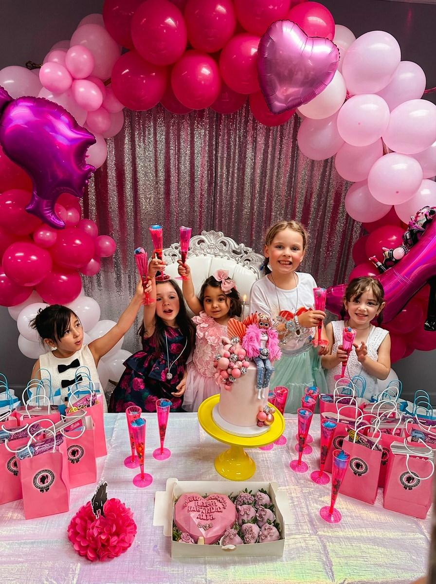 Five happy girls in party dresses posing behind a pink Barbie-themed birthday cake with balloon arch, goody bags and heart-shaped strawberries at Star Park indoor playground